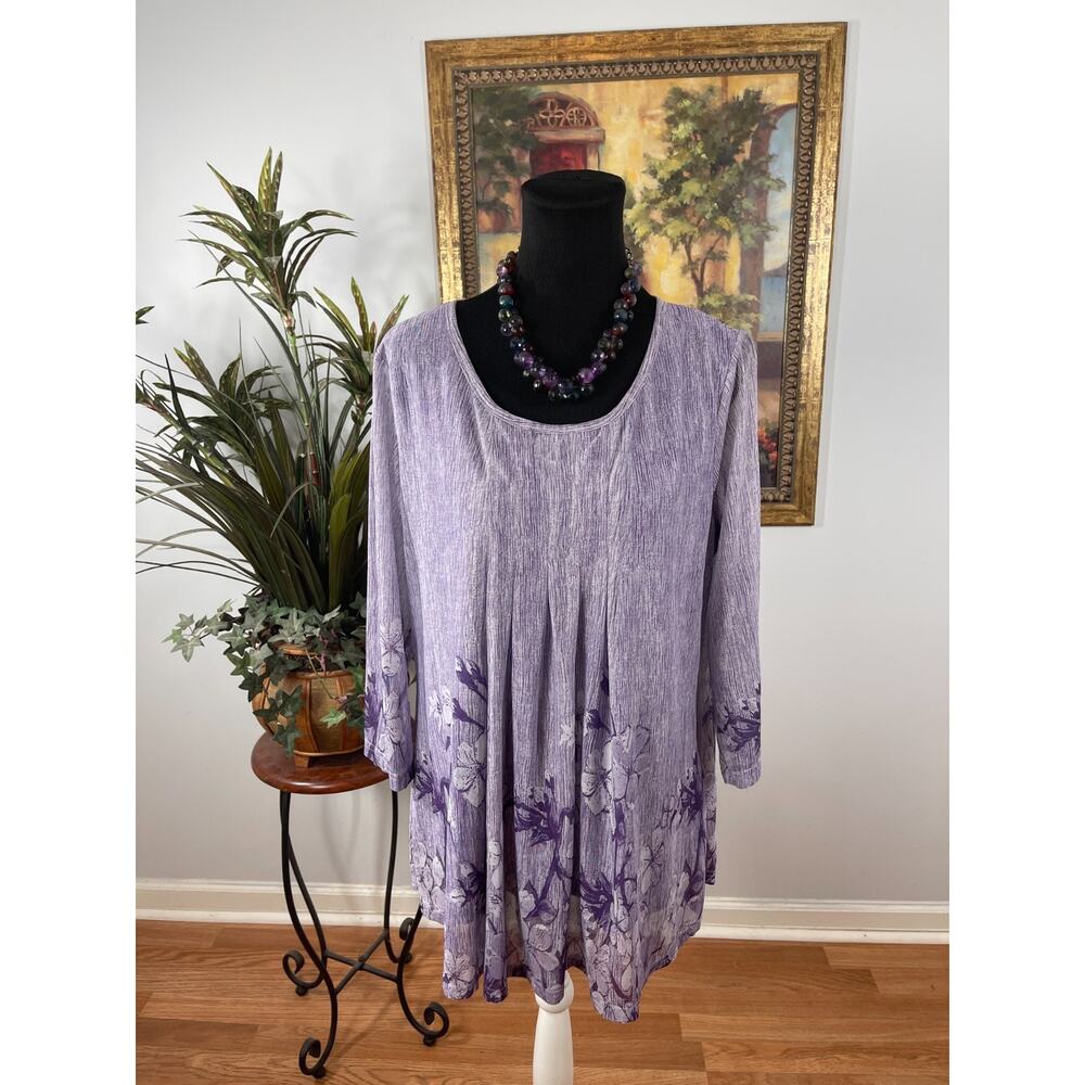 Timeson Tunic Top Women's XL Lavender Floral 3/4 Sleeve Lagenlook Relaxed Luxury